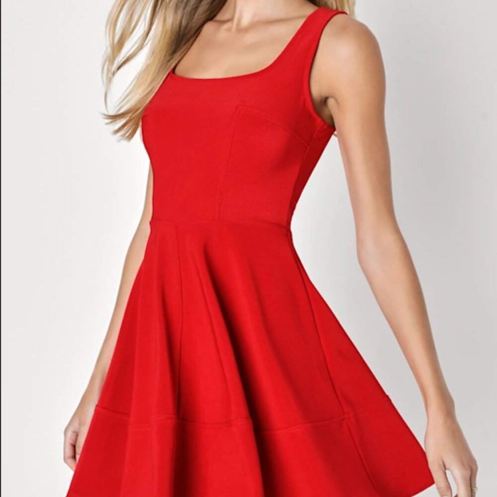 Lulus Skater Dress XS Women's Red Square Neck Sleeveless Fit & Flare Zipper Back